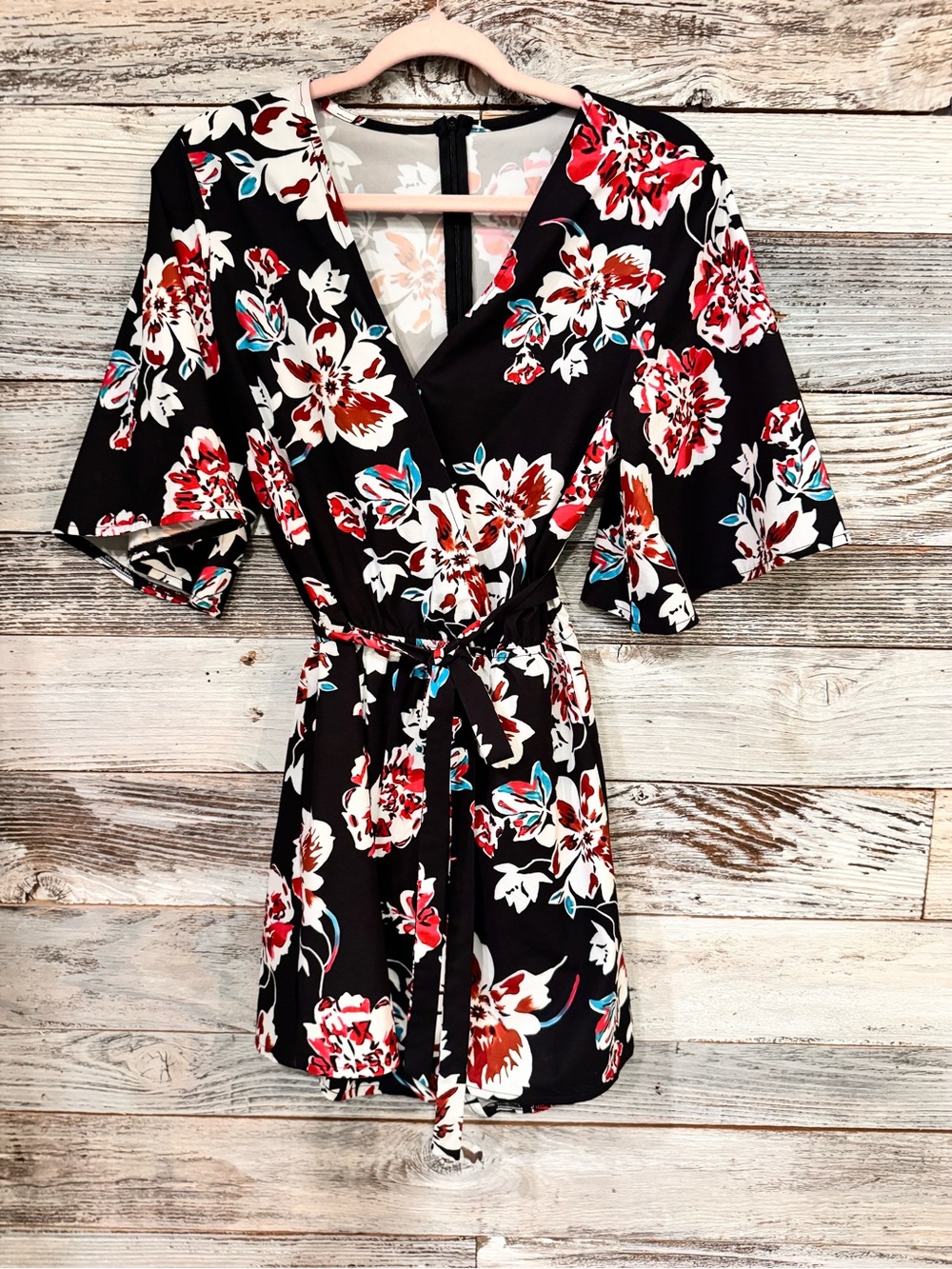 Floral Wrap Romper - Black with Red & White Blooms